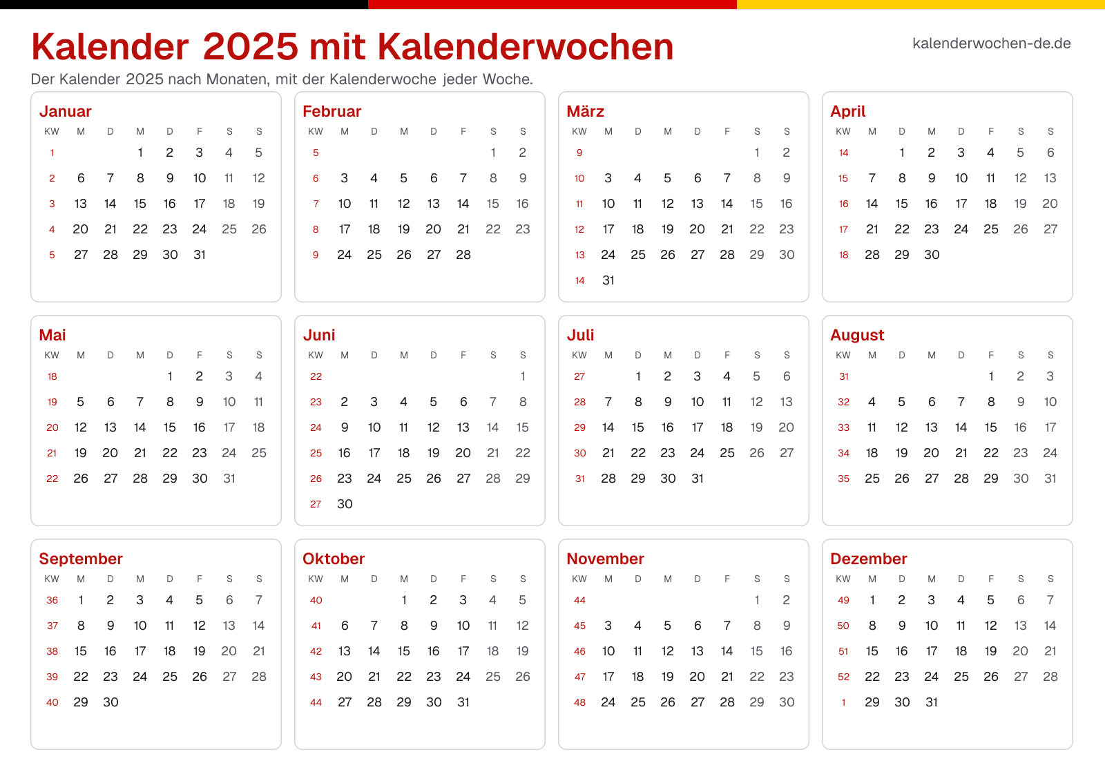 Kalender 2025 mit Kalenderwochen