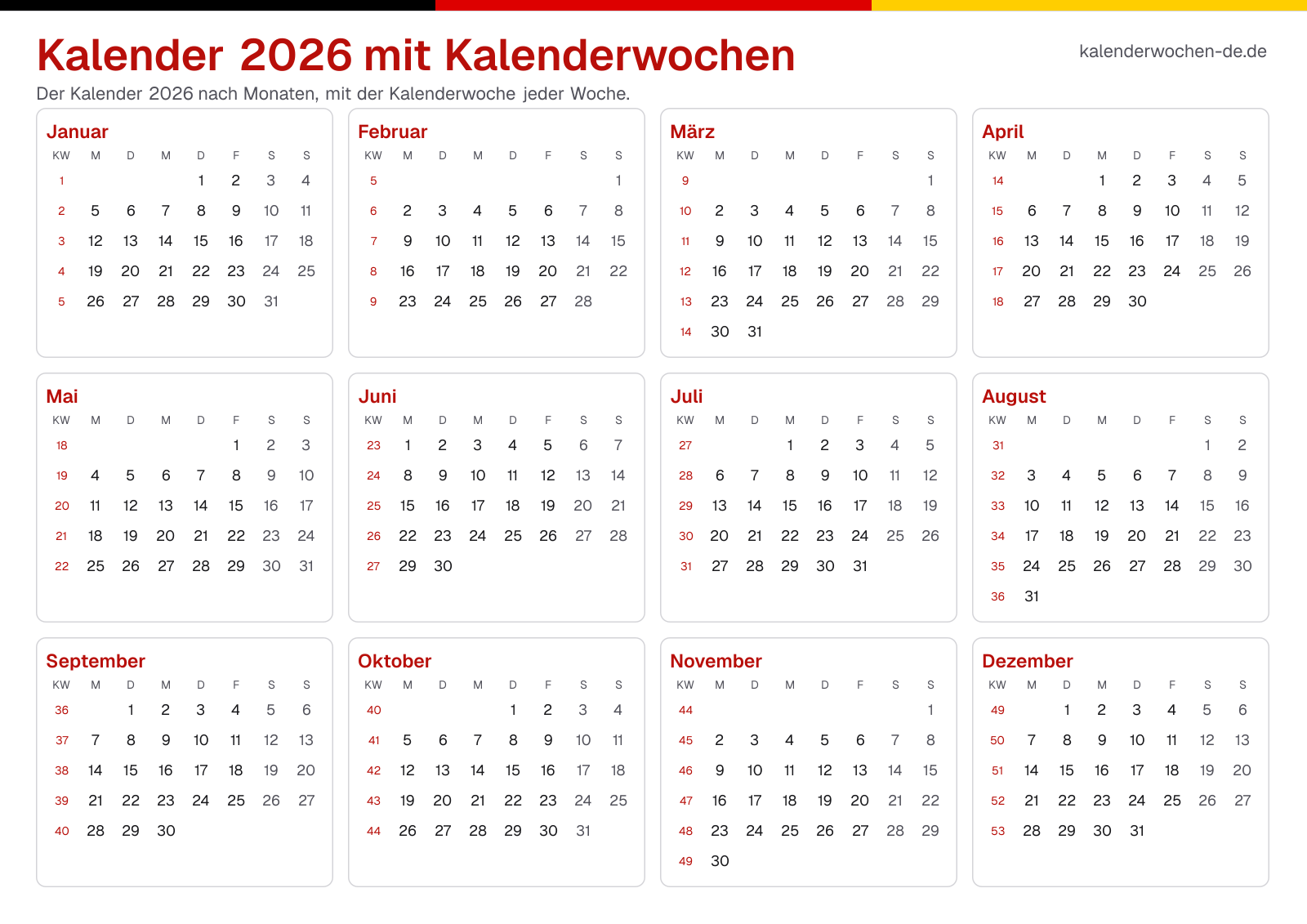 Kalender 2026 mit Kalenderwochen
