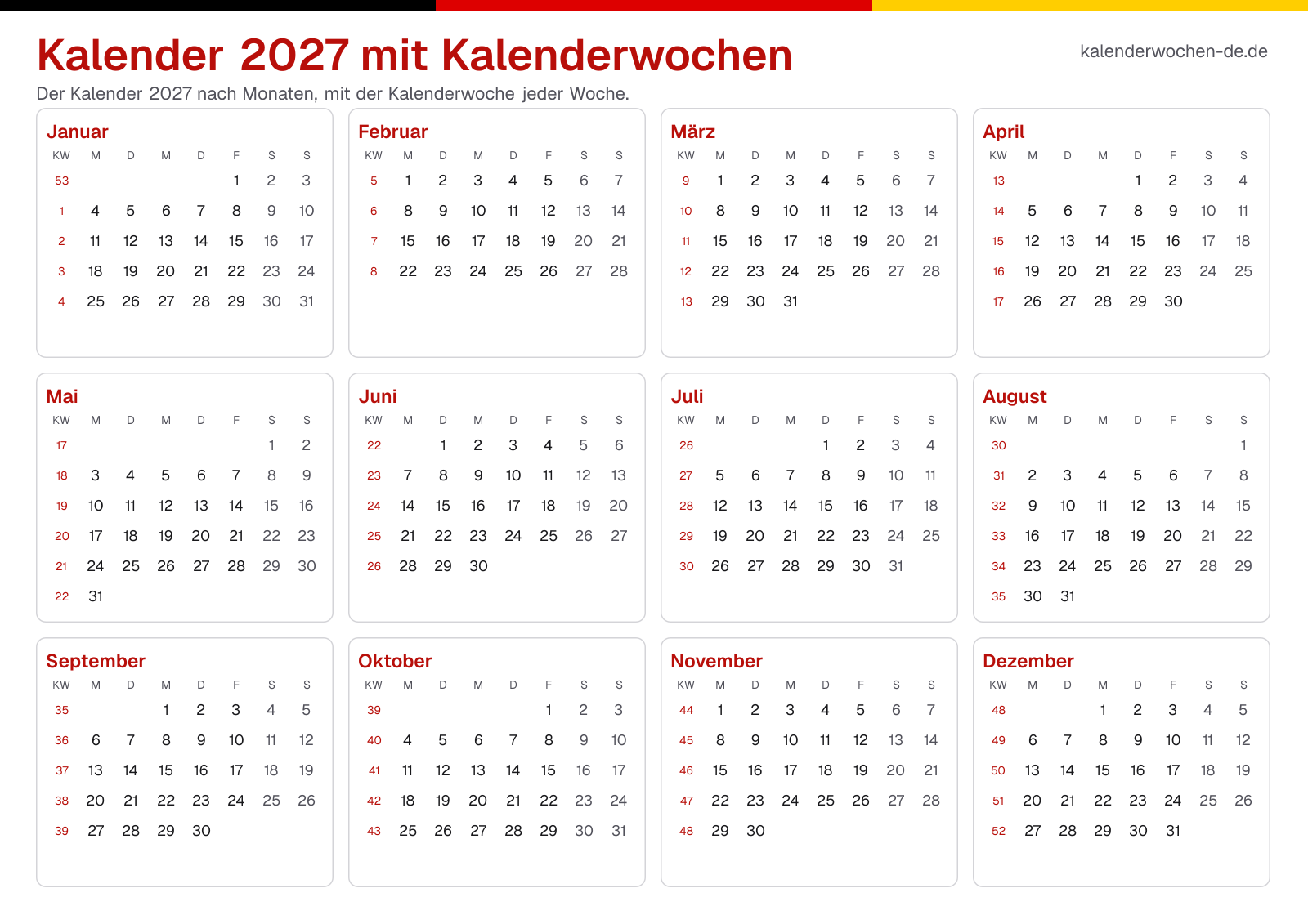 Kalender 2027 mit Kalenderwochen