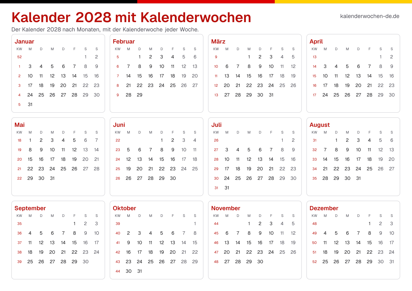 Kalender 2028 mit Kalenderwochen