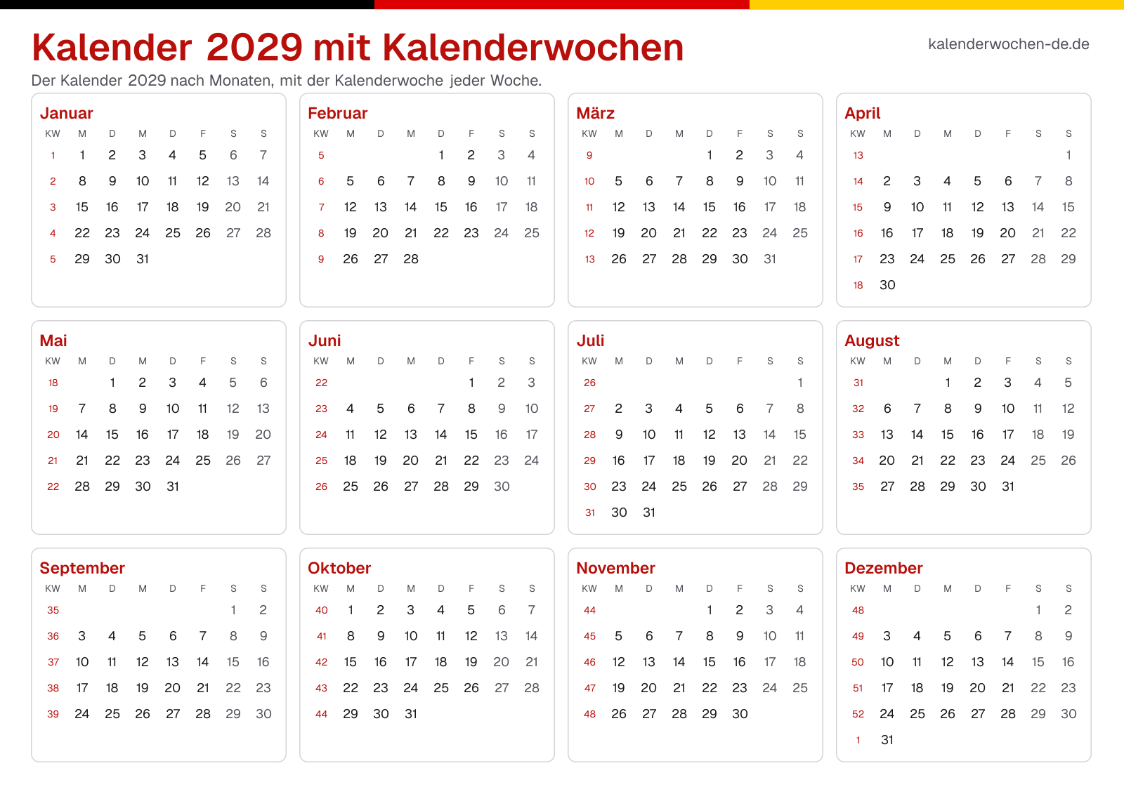 Kalender 2029 mit Kalenderwochen