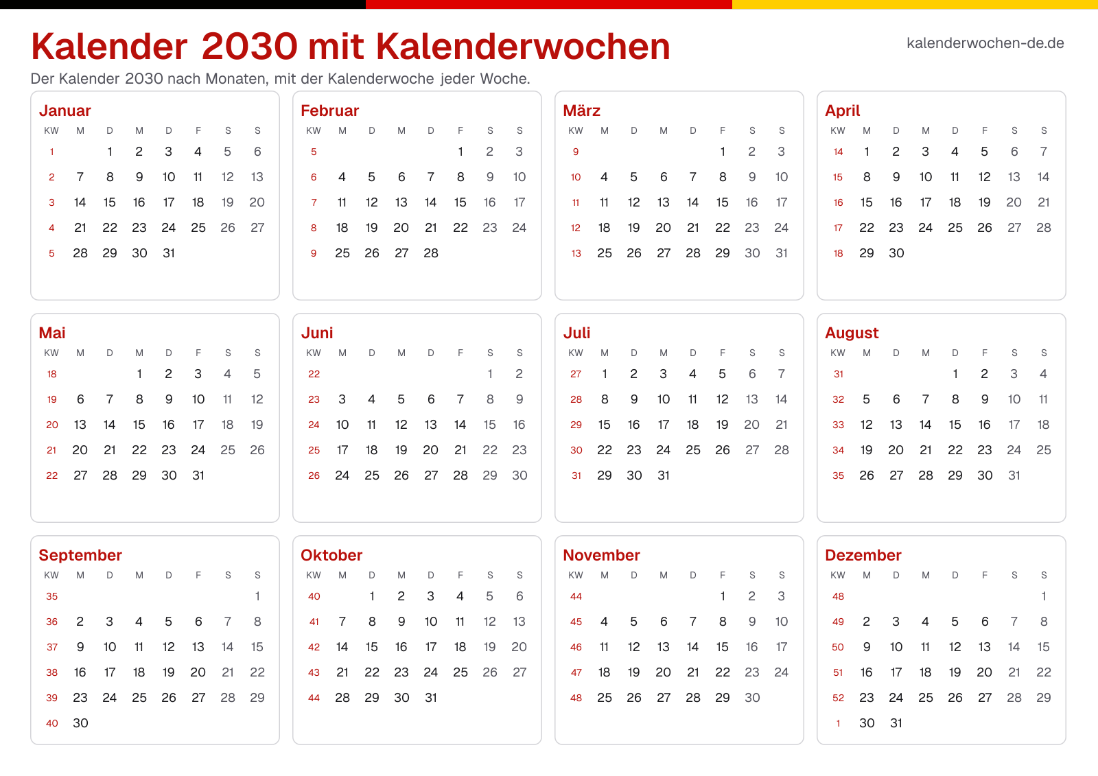 Kalender 2030 mit Kalenderwochen