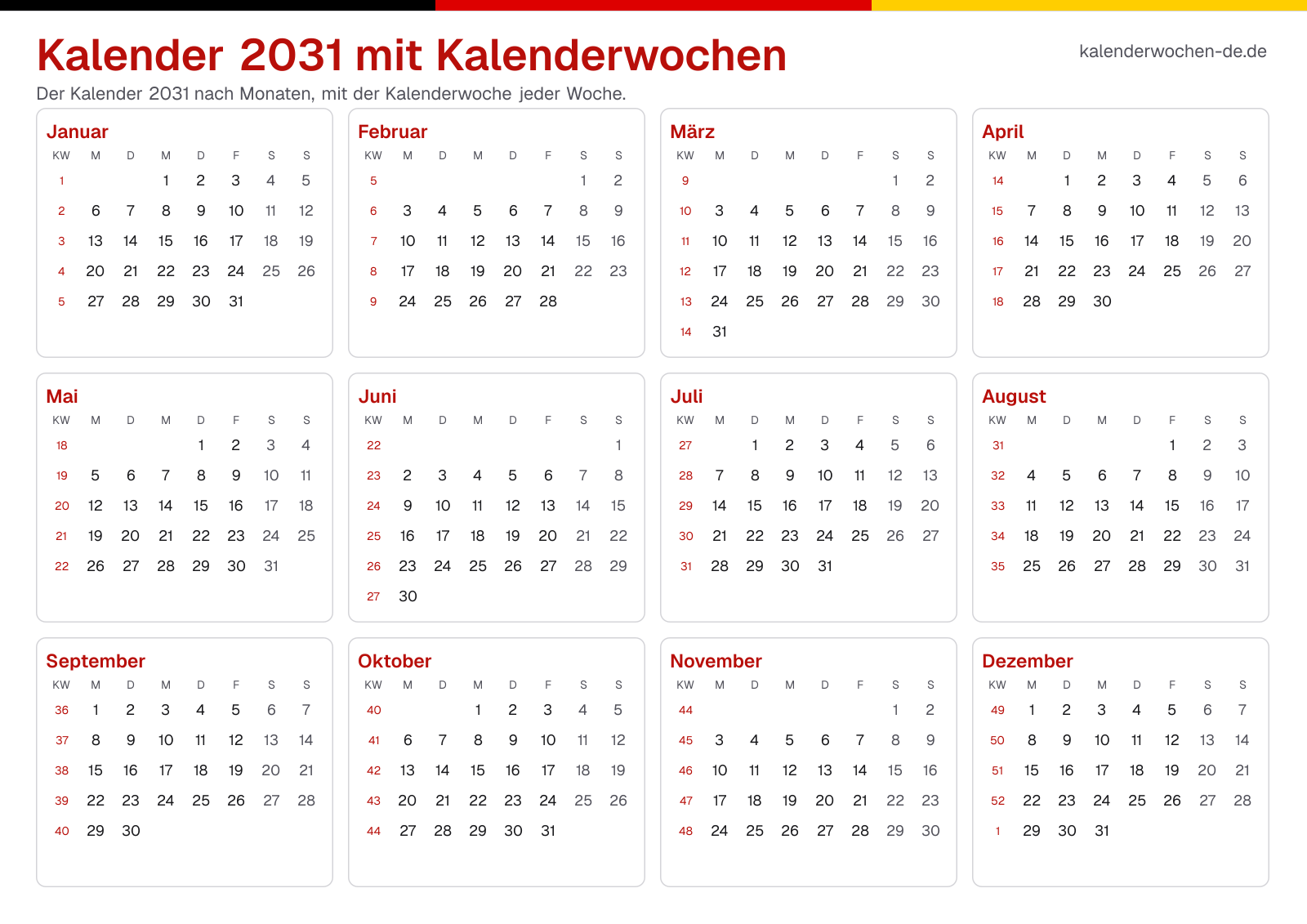 Kalender 2031 mit Kalenderwochen